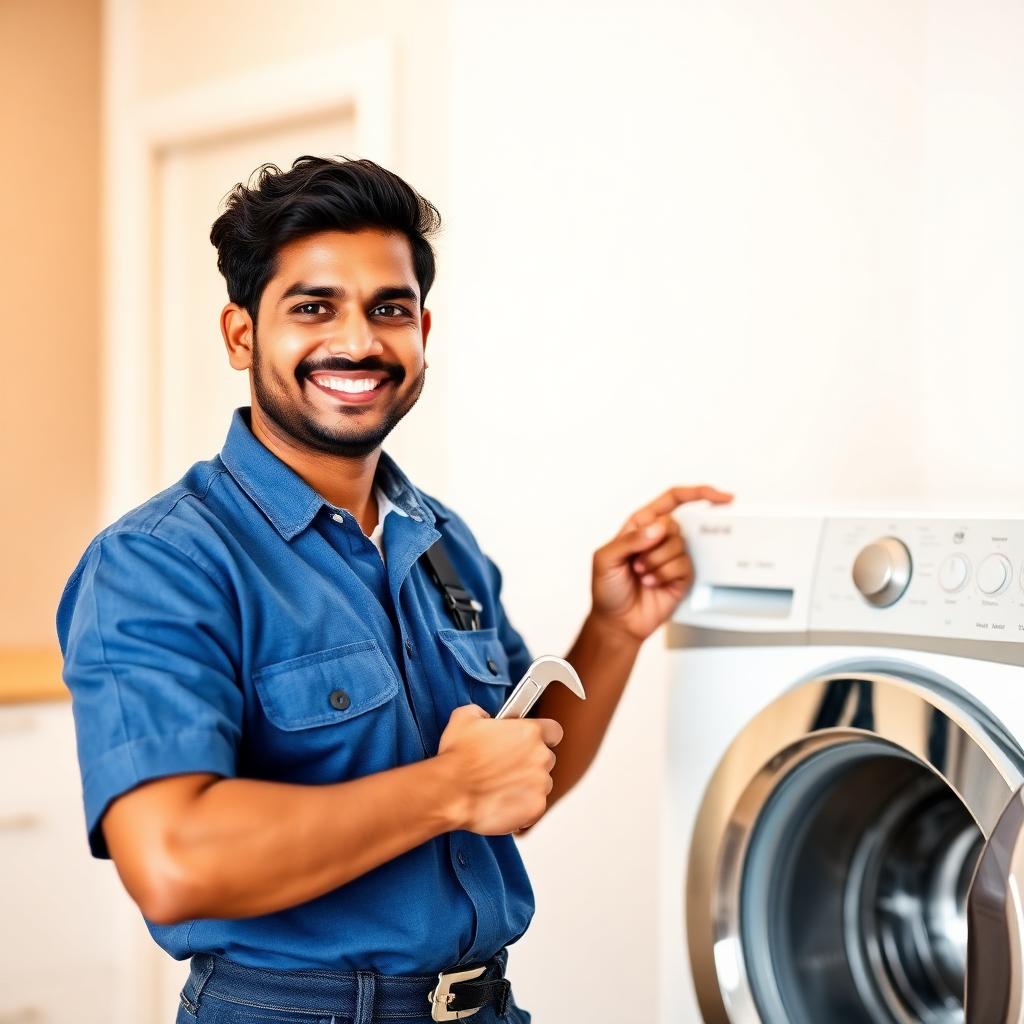 Professional washing machine technician ready for service
