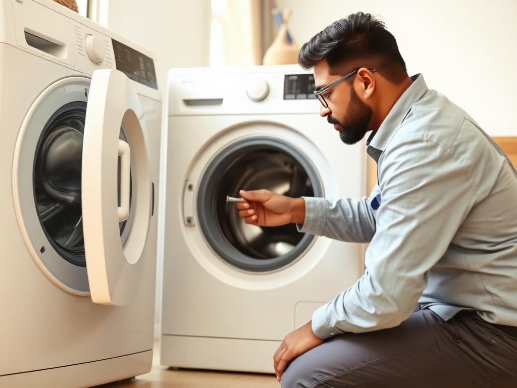Technician repairing a washing machine on-site